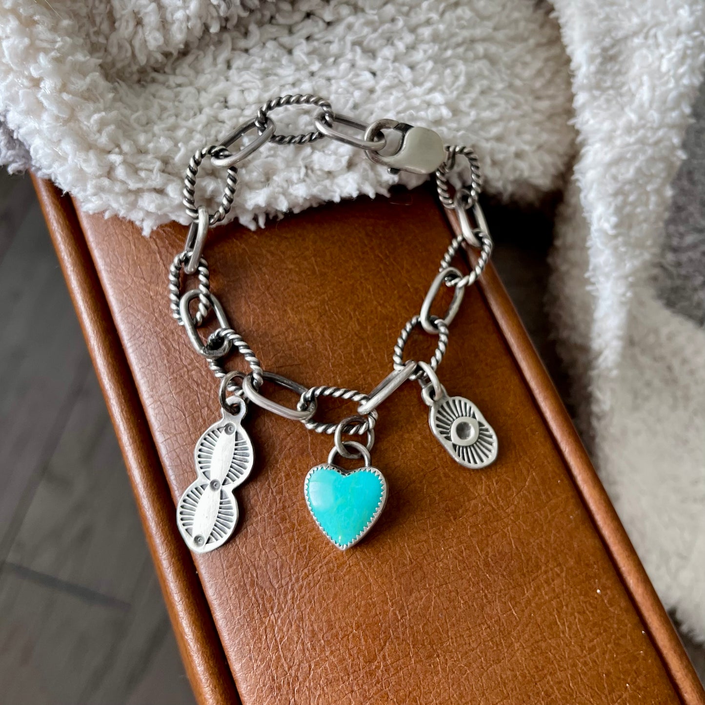 Turquoise Heart Charm Link Bracelet