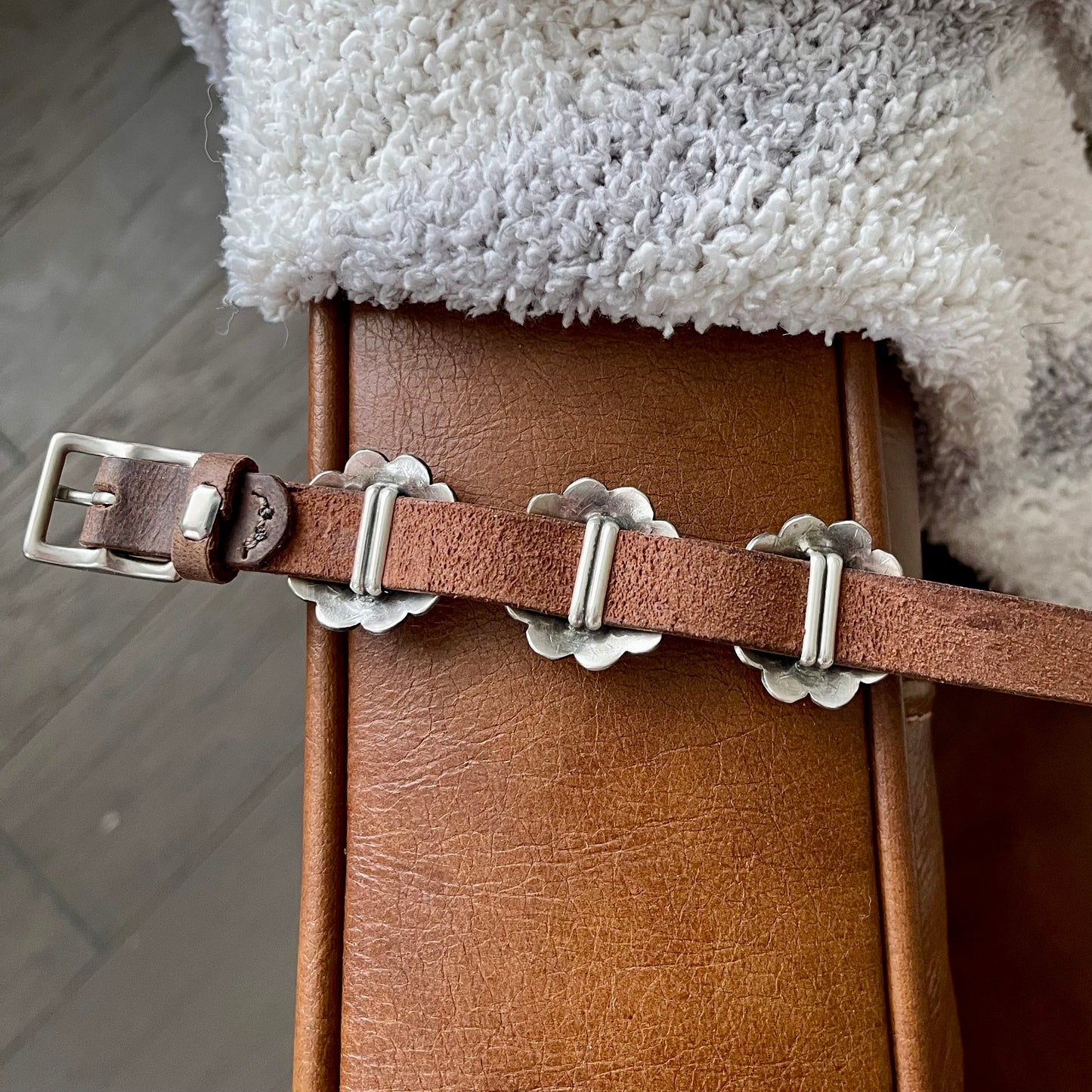 Stamped Concho Flower Adjustable Leather Slide Bracelet
