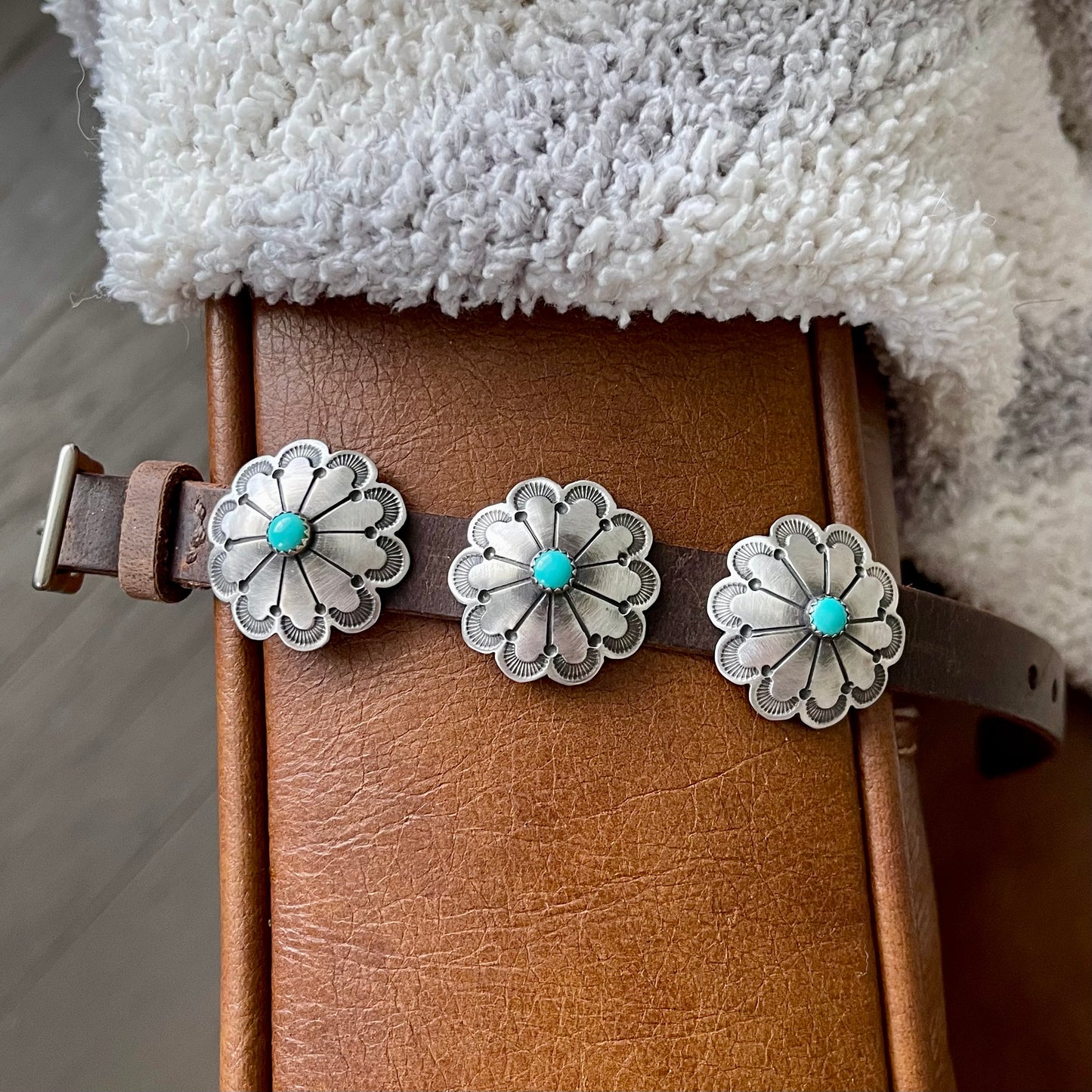 Stamped Concho Flower Adjustable Leather Slide Bracelet