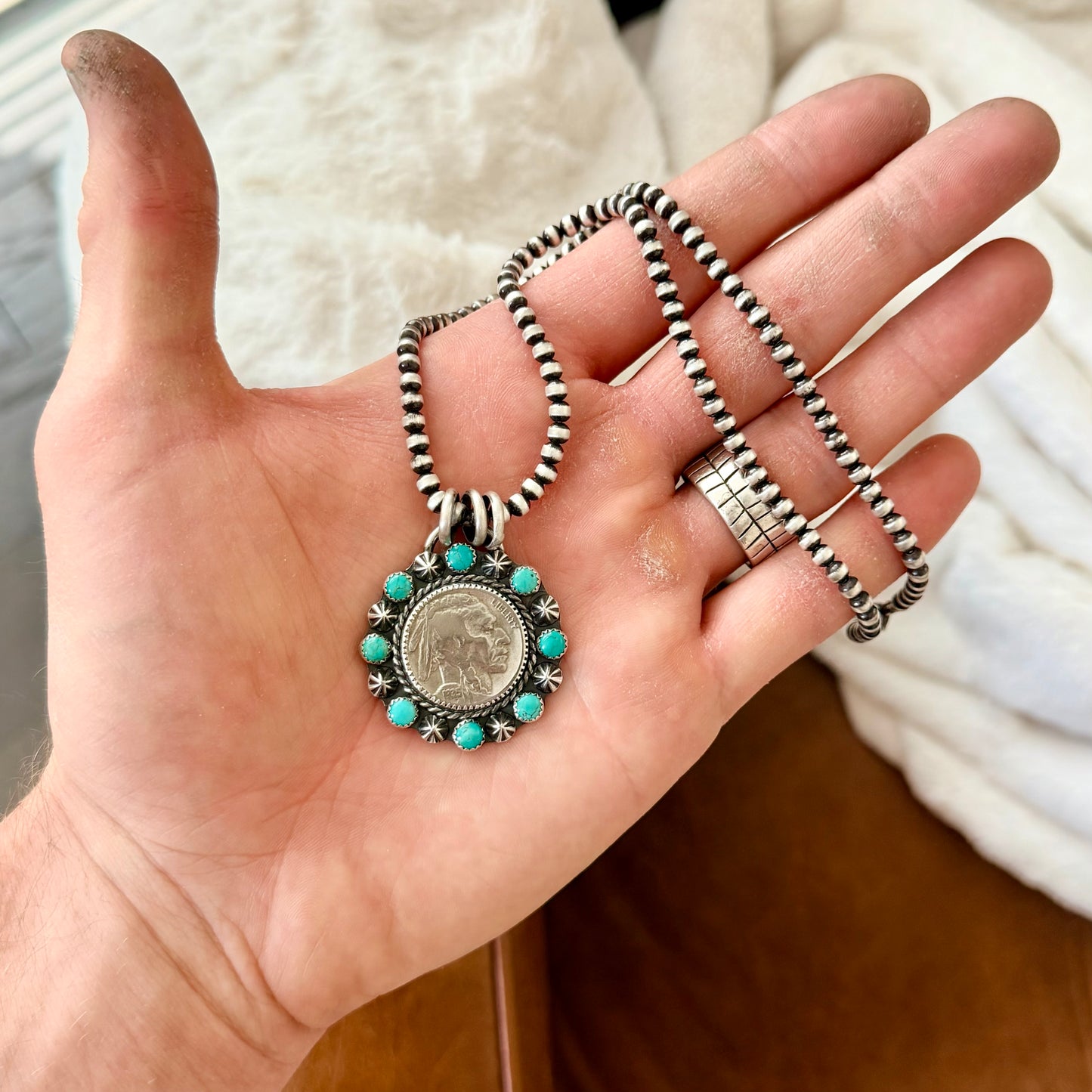 Kingman Turquoise Indian Head Nickel Necklace