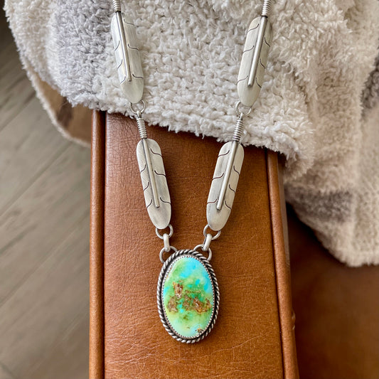 Sonoran Turquoise & Feather Lariat Style Necklace