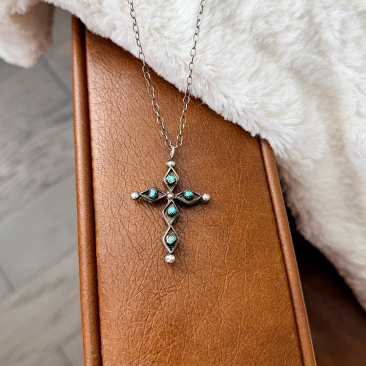 Vintage Zuni Reversible Turquoise & Coral Cross Necklace