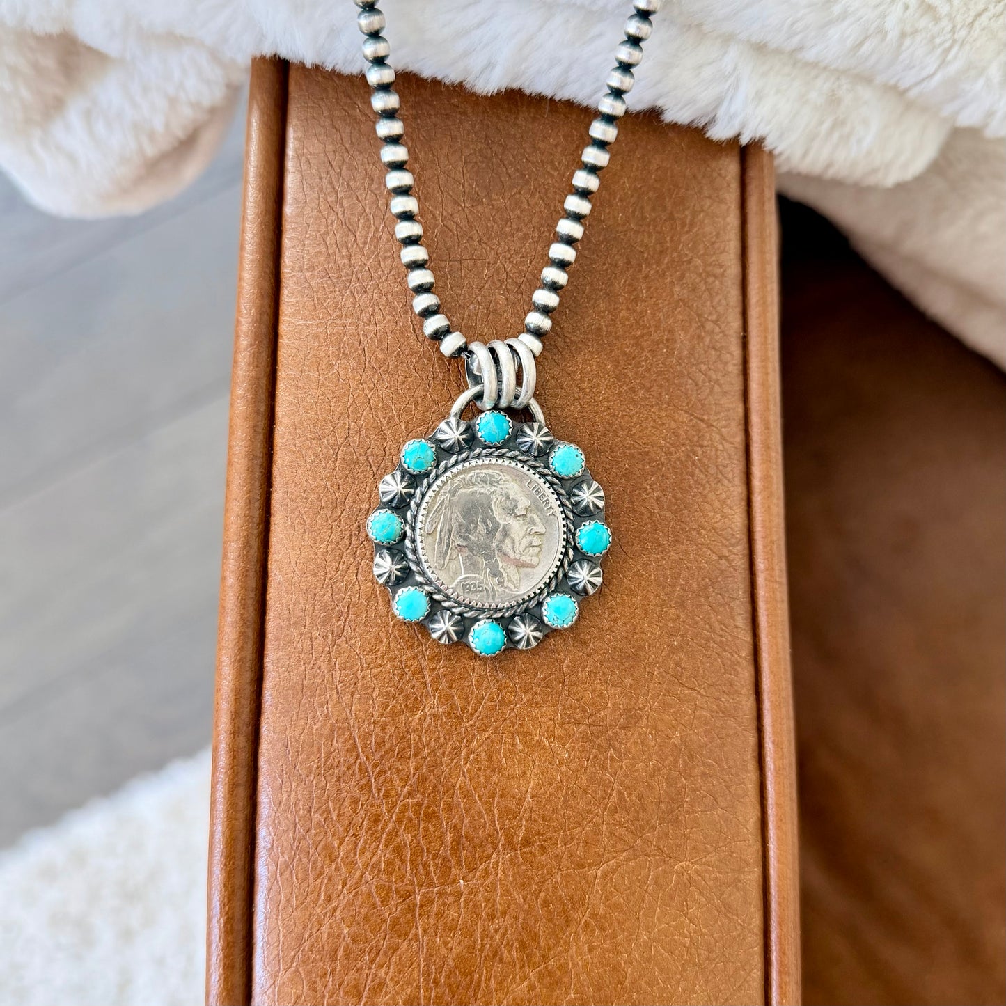 Kingman Turquoise Indian Head Nickel Necklace
