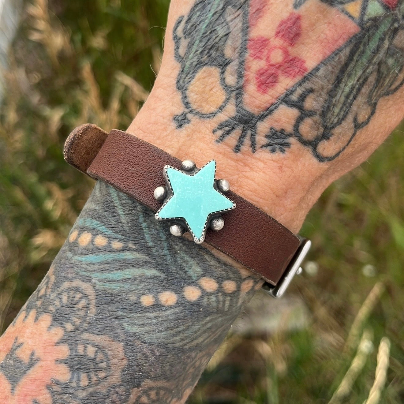 Chilean Turquoise Star Adjustable Leather Wrap Bracelet