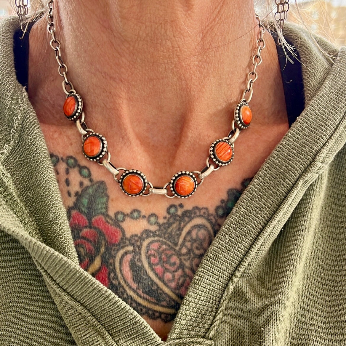 Orange Spiny Oyster Link Choker Necklace